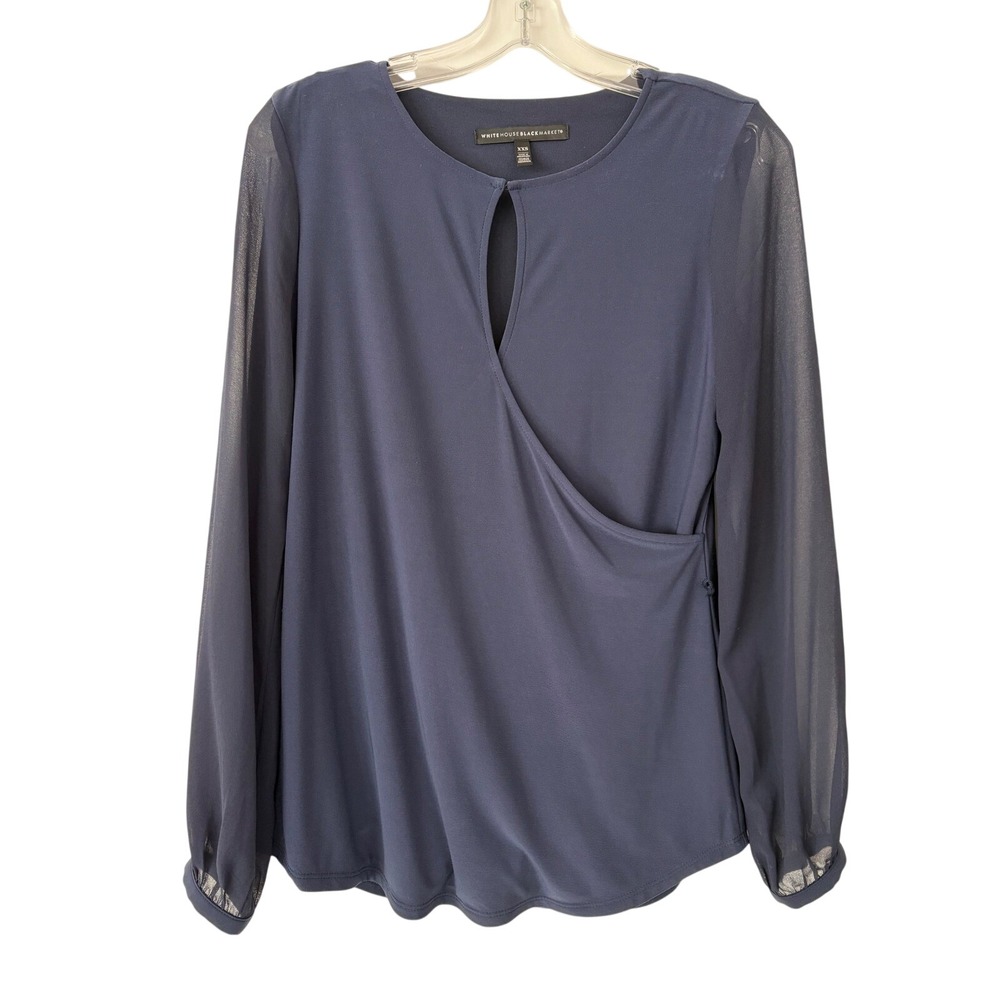 WHBM Navy Blue Faux‎ Wrap Keyhole Sheer Sleeve Blouse XXS Boho Indie Classic